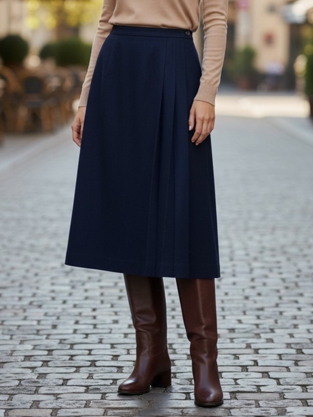 Vintage Classic Wool Deep Navy Side Pleated Wrap Knee Length Skirt Sz S